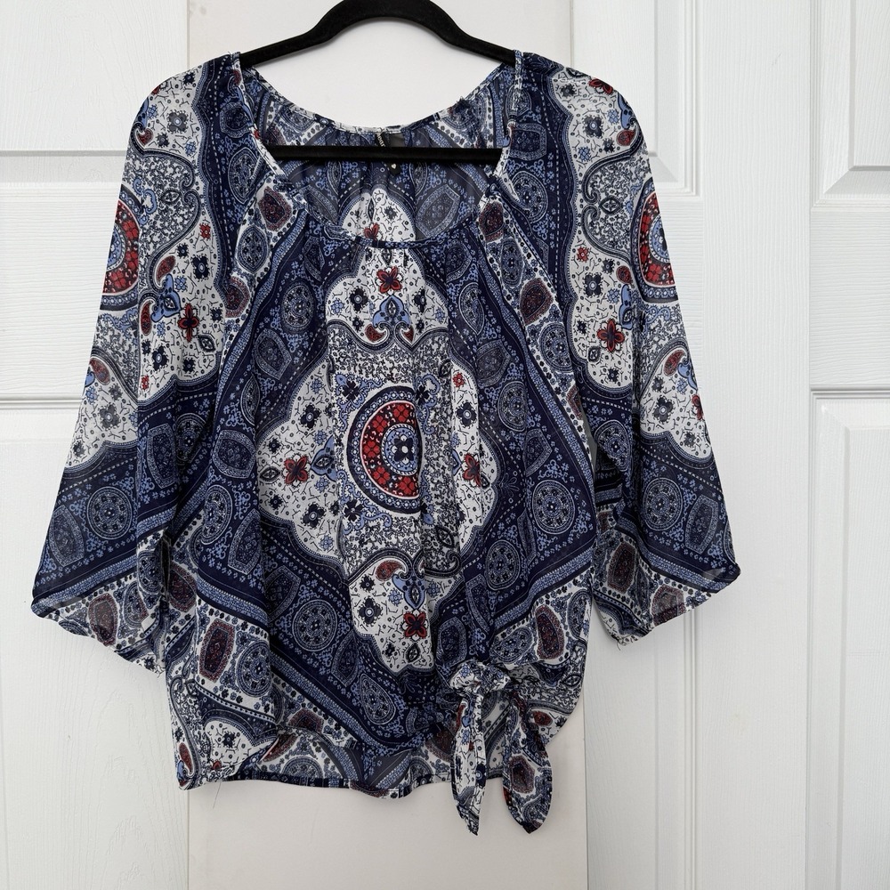 Heartsoul Tie Front Blouse Womens Large Blue Paisley Medallion 3/4‎ Sleeve Top
